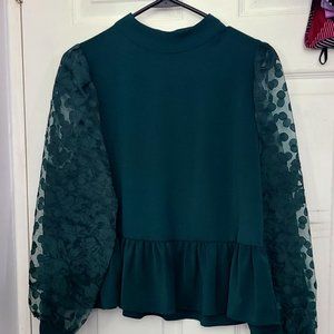 ZARA Green Blouse with Sheer Sleeves